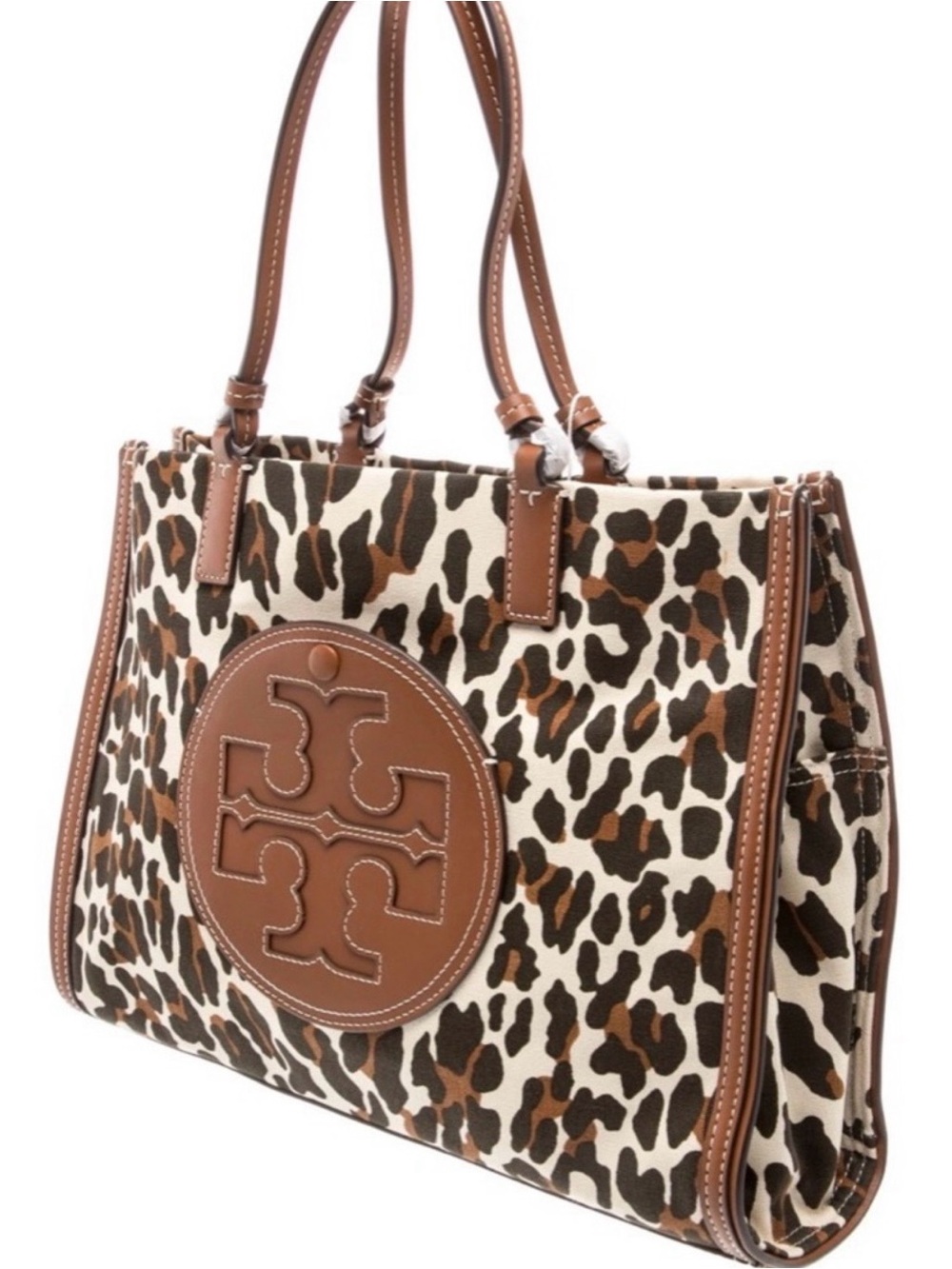 Authentic Tory Burch Ella Leopard Print Leather-Trim canvas Tote - Brown/Cream - Picture 15 of 16